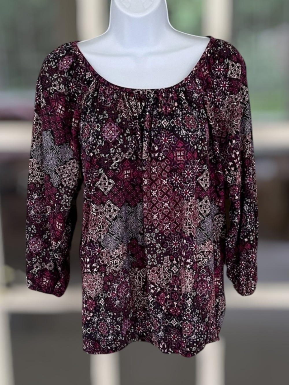 Michael Kors patchwork medallion peasant blouse in deep purple, size small.